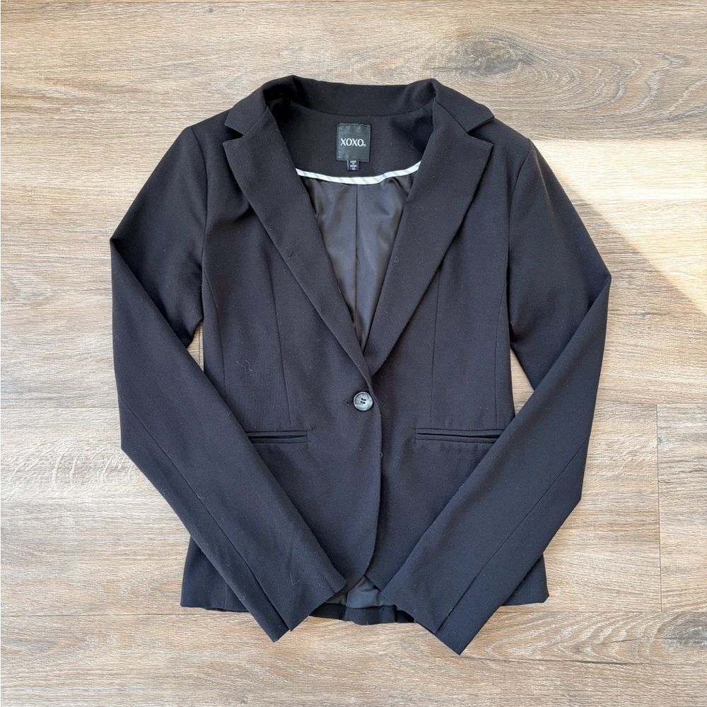 Xoxo Black Padded Shoulder Blazer Button Up Size XS